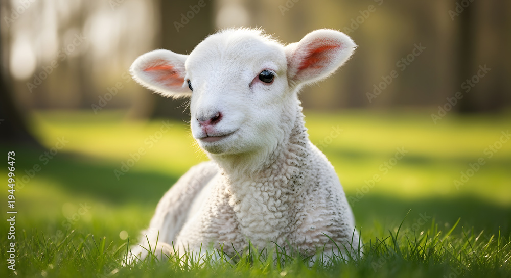 Obraz premium Soft white baby sheep standing in a green field