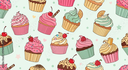 Colorful cupcakes with frosting and toppings.