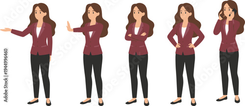 Professional businesswoman character set in maroon blazer showing various gestures, stop sign, presenting, and talking on phone, isolated flat vector illustration for corporate management concepts.