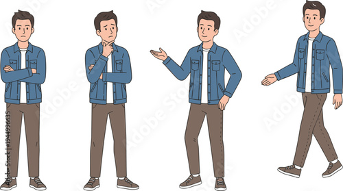 Young man character set wearing denim jacket and casual trousers showing various emotions, thinking, walking, and gesturing poses isolated flat vector illustration for lifestyle design.
