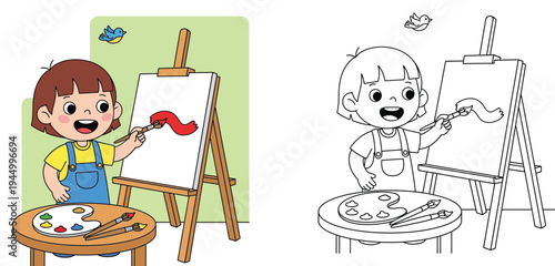 Girl Painting on Canvas with Easel Coloring Page and Colorful Illustration Set