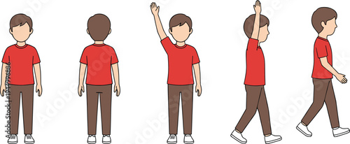 Boy character animation set featuring front back and side views with walking and waving poses in red t-shirt isolated flat vector illustration for kids education and storytelling.
