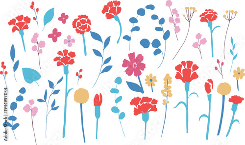 母の日イラスト。母の日のカーネーションと春の花イラストセット。Mother's Day illustration. Mother's Day carnation and spring flower illustration set.
