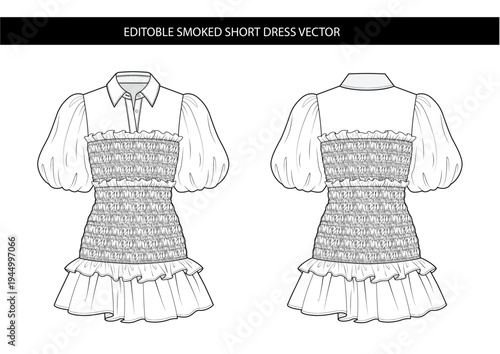 Smocked Short Dress Vector Technical Fashion Flat, Puff Sleeve Ruffle Hem Mini Dress Front and Back View, Womenswear Garment Illustration Template for Designers Students and Apparel Industry