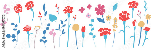母の日イラスト。母の日のカーネーションと春の花イラストセット。Mother's Day illustration. Mother's Day carnation and spring flower illustration set.