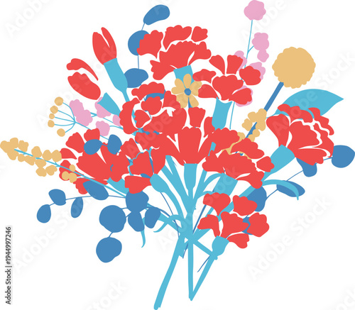 母の日イラスト。母の日のカーネーションと春の花イラストセット。Mother's Day illustration. Mother's Day carnation and spring flower illustration set.