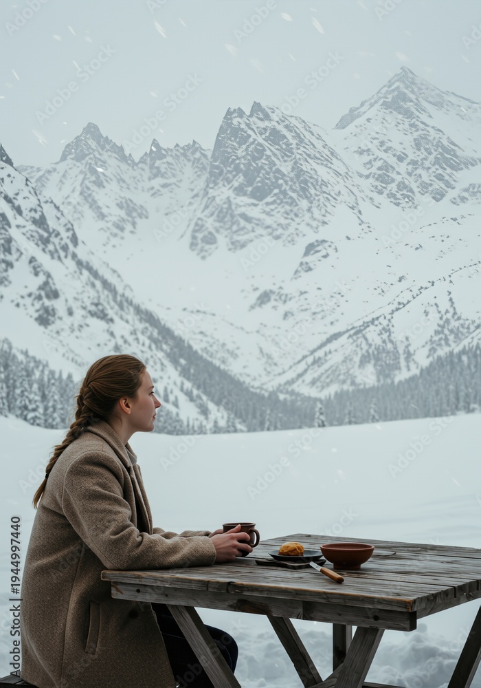 Fototapeta premium Woman in coat enjoying hot drink at wooden table, snowy landscape, winter solitude, mountain vista, serene contemplation.