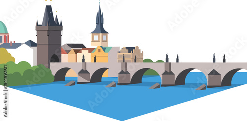 A stylized illustration of the iconic Charles Bridge spanning the Vltava River in Prague, Czech Republic, with historic buildings and towers on the riverbank.