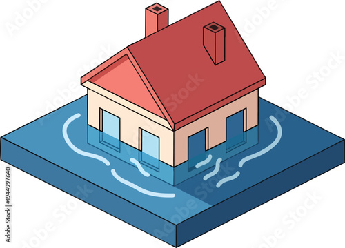A house partially submerged in floodwaters, illustrating a natural disaster and environmental impact.