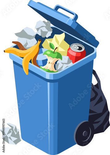 A blue plastic trash can overflowing with various types of garbage, including food waste, paper, and a soda can, symbolizing waste management issues.