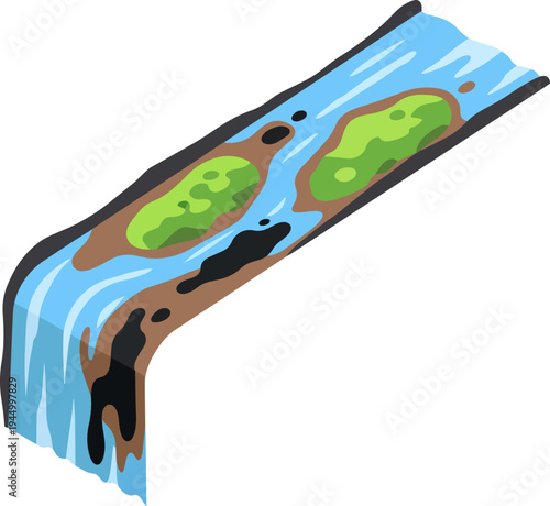 A polluted river with dark oil slicks, brown banks, and two green islands, illustrating environmental damage.