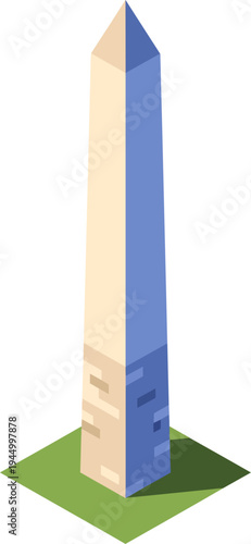 Stylized isometric illustration of a tall, pointed monument resembling an obelisk standing on a square green base.