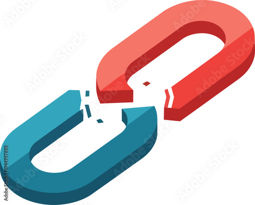 A vivid illustration of two broken chain links, one red and one blue, symbolizing a severed connection or a link failure.