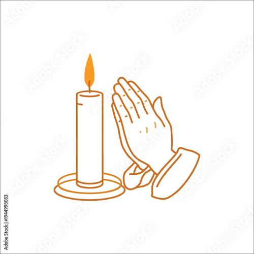 Praying hands with burning candle, peaceful quiet prayer line art illustration