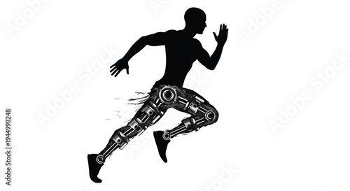 Futuristic runner with biomechanical legs, symbolizing advanced human performance and technology integration.
