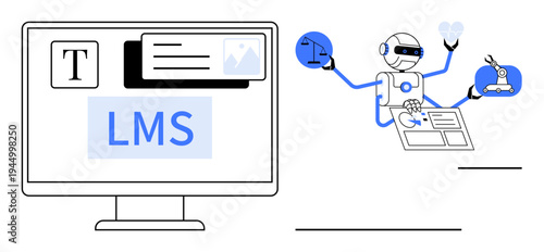 Education, AI integration, e-learning, automation, digital tools, productivity. Computer screen with LMS text, a robot multitasking with icons. E-learning and AI integration concept