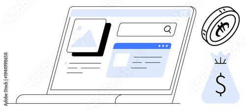 Computer screen displaying search engine with digital content thumbnails, cryptocurrency coin, and moneybag symbol. Ideal for technology, e-commerce, fintech, cryptocurrency, digital marketplaces