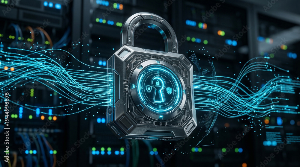 Fototapeta premium Cybersecurity concept of a digital padlock glowing with blue energy streams and data lines, protecting servers in a data center