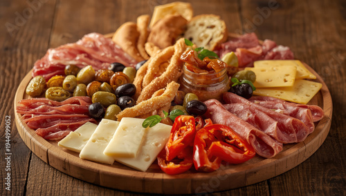 Wallpaper Mural Italian antipasto platter with cured meat, cheese, olives, peppers and crostini arranged on wood Torontodigital.ca