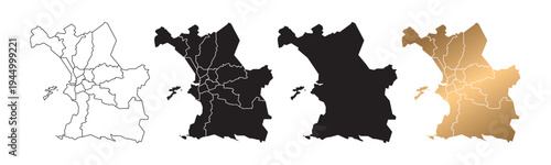 Vector maps of Marseille, France, in various styles, with black and gold line art.
