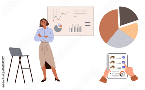 Business analysis, data presentation, market research, strategic planning, financial reporting, professional training. Woman stands by charts and tablet shows voting process. Business analysis