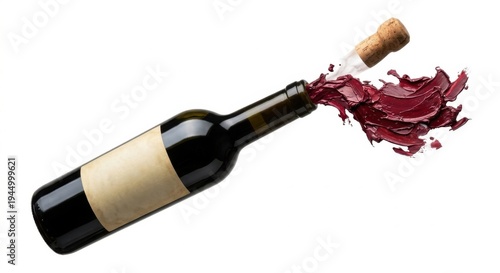 Elegant Impasto Red Wine Burst: Artistic Oil Painting of Wine Bottle with Blank Label Mockup, Popping Cork, and Bold Textured Liquid Splashes on White Background