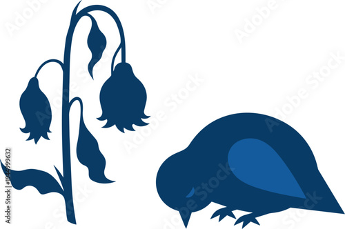 Blue silhouette of a drooping plant with bell-shaped flowers next to a bird with its head down, conveying a somber mood.