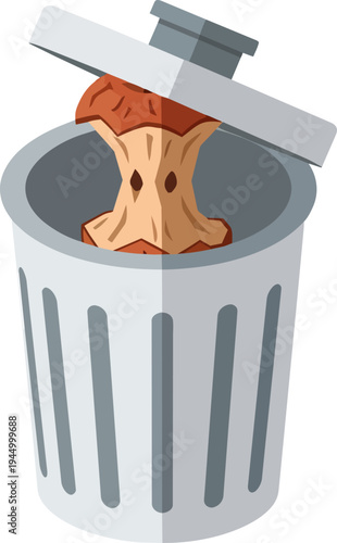 A gray trash can with an apple core inside, lid slightly open, flat design illustration.
