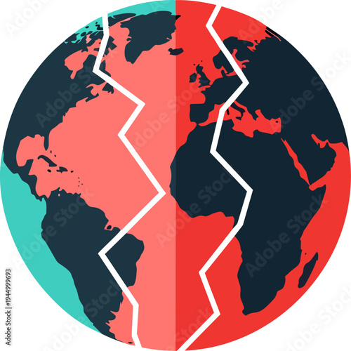 A graphic illustration of a divided Earth globe with a jagged crack, symbolizing global conflict or separation.