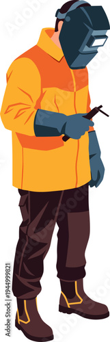 A welder wearing a protective mask, jacket, gloves, and boots, holding a welding torch.