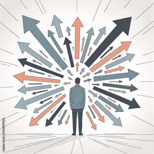 Minimalist editorial illustration of figure surrounded by arrows representing decision paralysis