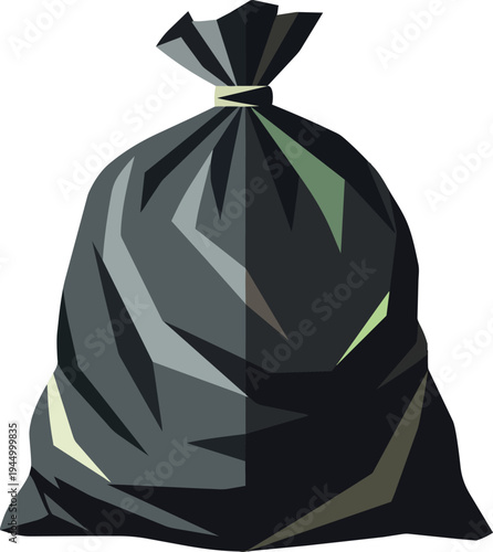 A black trash bag tied at the top with a yellow tie, isolated on a white background.