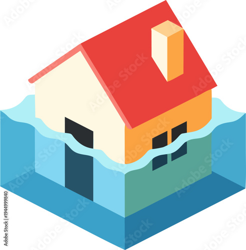 An isometric illustration of a house partially submerged in floodwaters, symbolizing disaster and property damage.