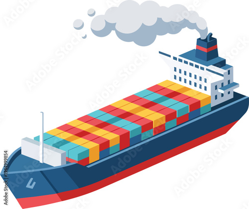 A large cargo ship carrying many colorful containers, emitting smoke from its chimney.