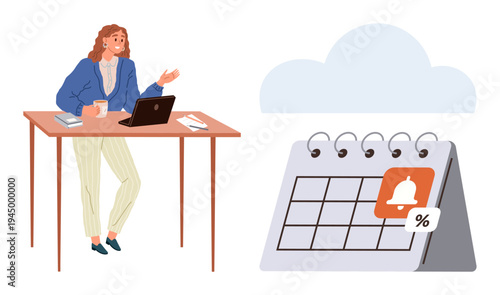 Time management, productivity, deadlines, work planning, digital organization, notifications. Woman sitting at desk with laptop and coffee. Time management and productivity concepts