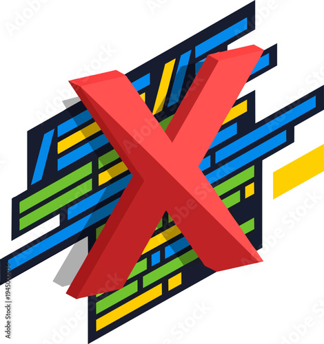 A bold red letter X is prominently displayed against a vibrant, abstract background of colorful geometric lines and shapes.