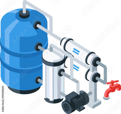 Isometric illustration of a water purification system with tanks, filters, pump, and faucet for clean water supply.