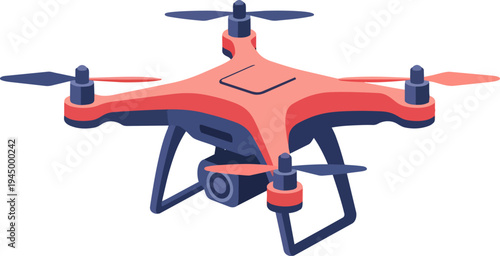 Isometric illustration of a modern red and blue drone with four propellers and an integrated camera, isolated on a white background.