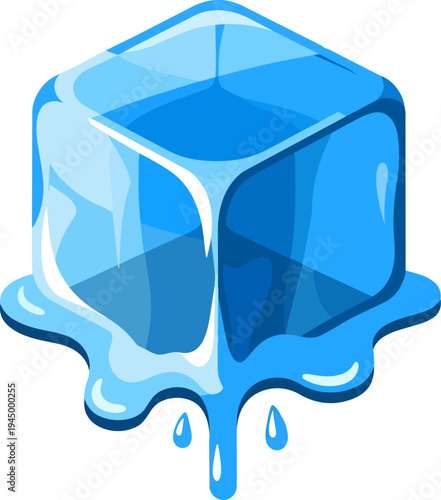 A blue ice cube melting, with water dripping from its base, creating a small puddle underneath.
