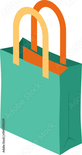 A simple teal shopping bag with orange handles, standing upright and empty, ready for use.
