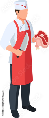 Isometric illustration of a professional butcher holding a sharp knife and a fresh cut of raw red meat.