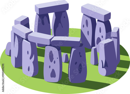 Cartoon illustration of Stonehenge, a prehistoric monument with large purple stones arranged in a circular pattern on a green grassy field.