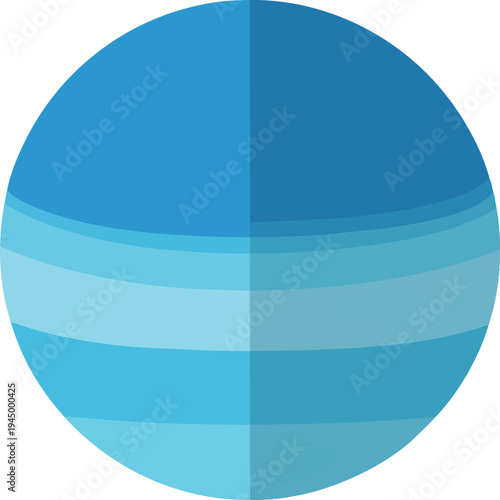 A stylized blue planet or globe with horizontal light blue bands, representing a celestial body or abstract concept.