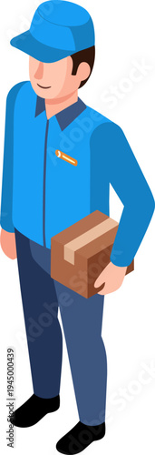 Isometric illustration of a delivery person in a blue uniform holding a package, ready for shipping.