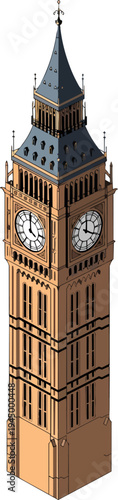 Isometric illustration of Big Ben, the iconic clock tower in London, featuring its detailed architecture and clock faces.
