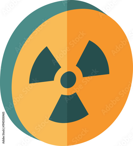 A stylized, flat design illustration of a radioactive symbol, featuring a dark teal trefoil on an orange circular background with a subtle shadow effect.