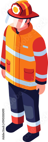 Isometric illustration of a firefighter in full protective gear, wearing a helmet with a face shield, an orange and red jacket, and dark blue pants.