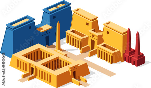 Isometric vector illustration of ancient Egyptian temple complex with obelisks and distinct colored buildings.