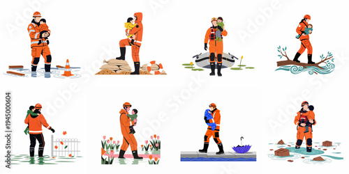 Vector illustration of rescue workers in orange uniforms saving children from floodwaters and various natural disasters in different emergency scenarios.