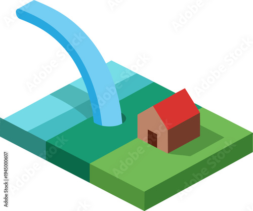 Isometric illustration of a house on green land with a large blue waterfall or flood flowing from a higher water body.